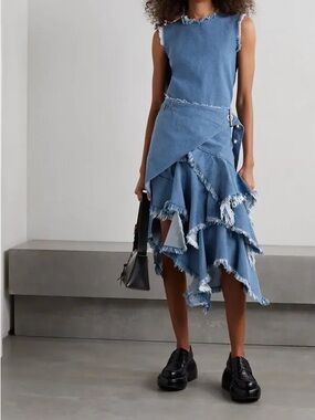 Marques Almeida Frayed Tiered Denim Skirt in Blue